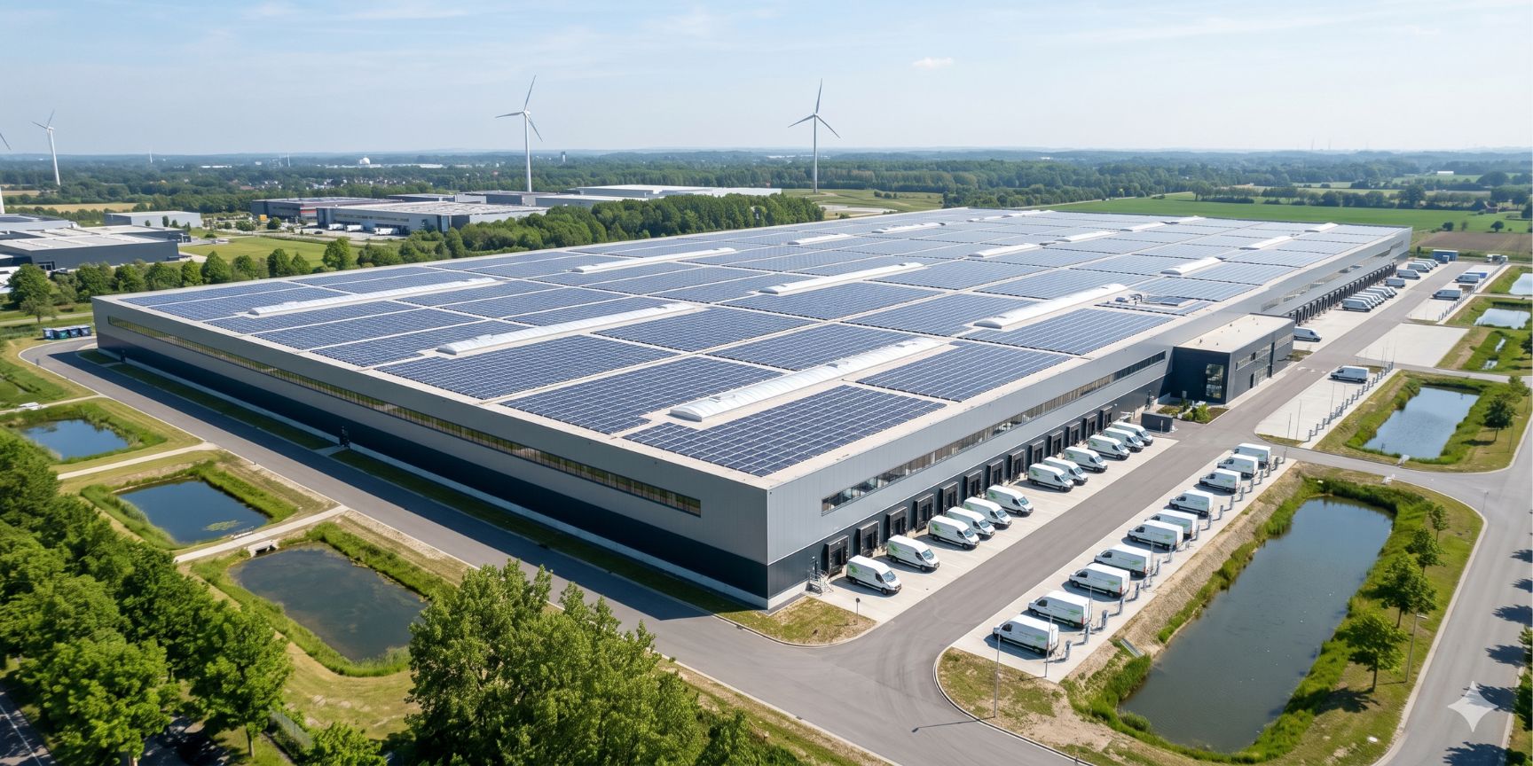 Aerial view of a climate-neutral logistics hall with a complete PV roof system, charging stations for e-vans and green roof elements under a blue sky.